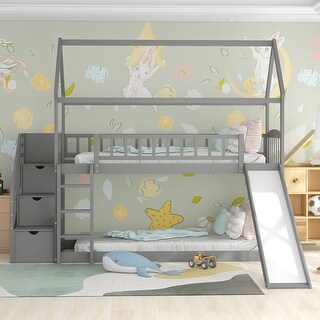 Solid Wood Twin Over Twin Bunk Bed with Three Drawers and A Slide, Supported By Wooden Strips