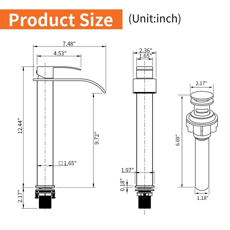 Single Handle Waterfall Bathroom Vessel Sink Faucet with Pop-up Drain 304 Stainless Steel 1 Hole High Tall Basin Vanity Faucets