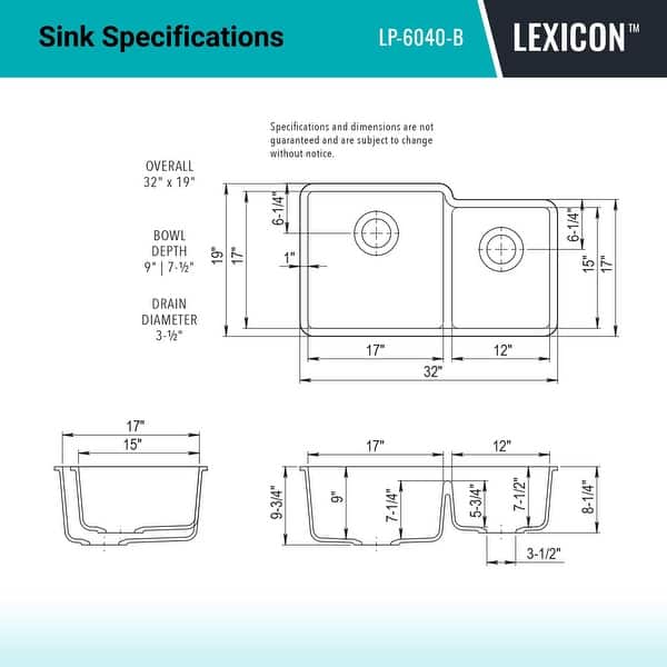dimension image slide 3 of 6, 32"x19" Quartz Granite Kitchen Sink, 60/40 Double Bowl Drop-in - 19x32