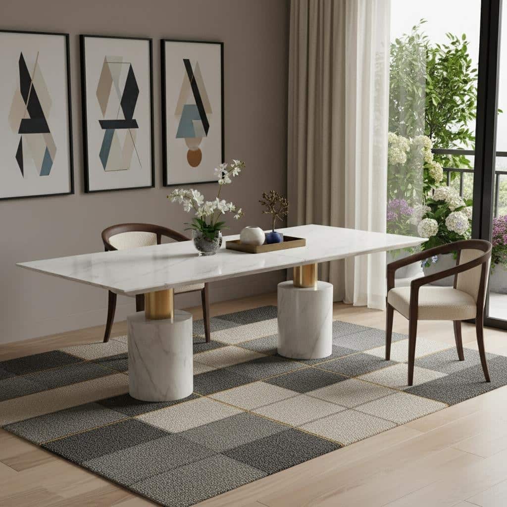 HomeRoots 180" White and Gold Marble and Steel Double Pedestal Base Dining Table - 180.00 in. x 30.00 in. x 48.00 in.