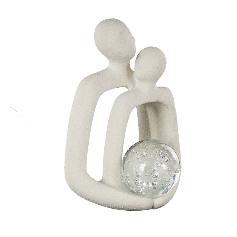 White Polystone Abstract Textured People Decorative Sculpture with Clear Glass Bubble Textured Orb and Black Speckles