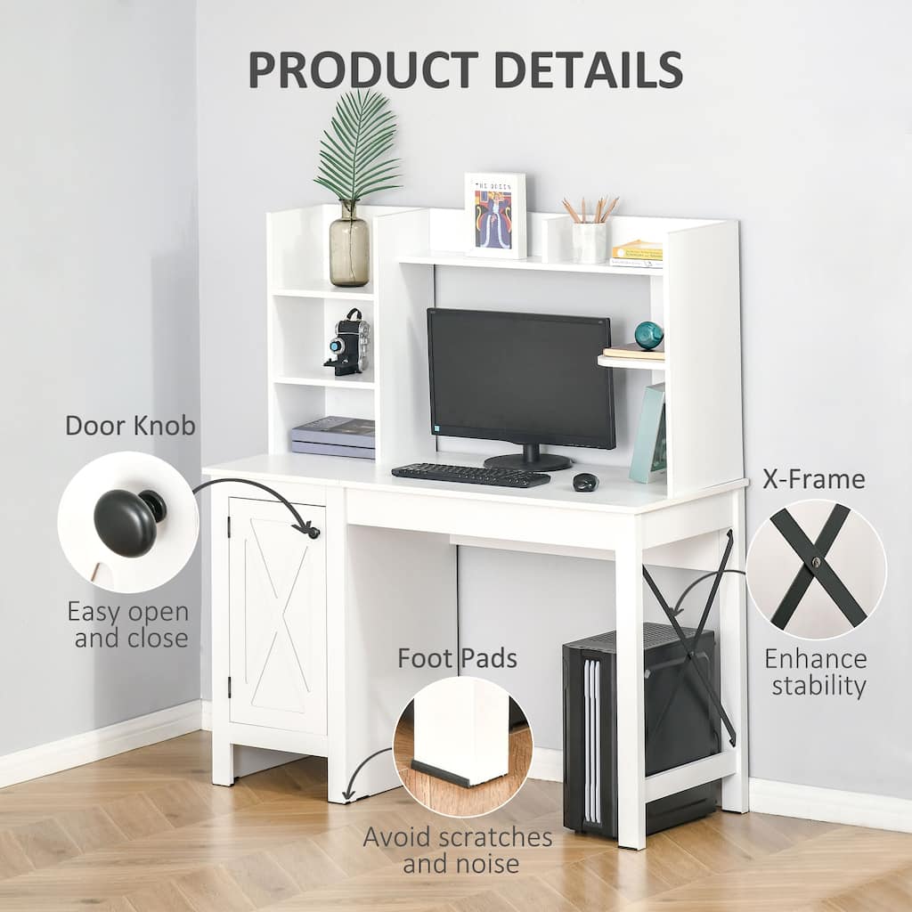 2-in-1 X-brace Barn-style Door Executive Desk with Hutch and Cabinet Home Office Desk with Shelves & Foot Pads