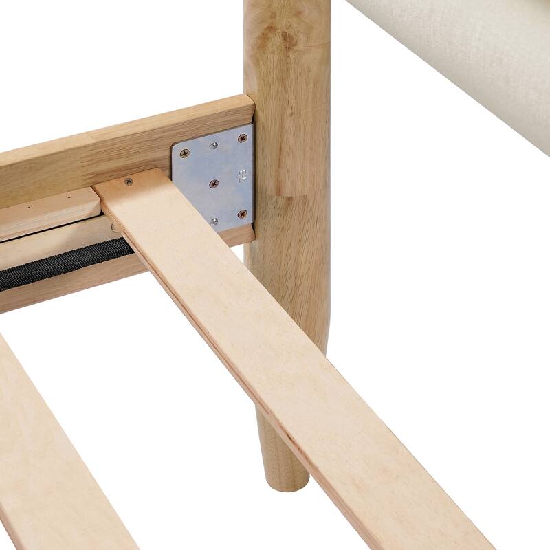 Wood Bed Frame with Upholstered Headboard Queen Size Platform with Slat Support Mattress Foundation No Box Spring Needed,Ivory