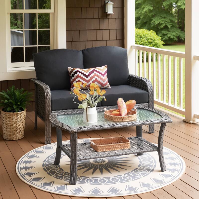 XIZZI 2-Piece Outdoor Wicker Loveseat with Coffee Table - Black