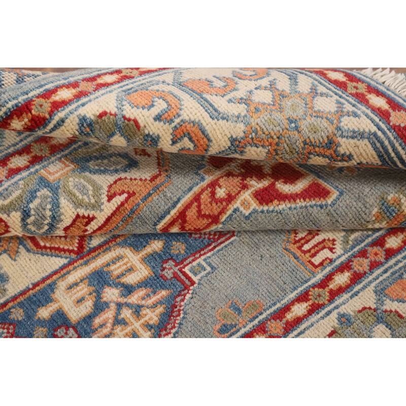 Geometric Blue Kazak Accent Rug Handmade Wool Carpet - 3'3" x 4'11"