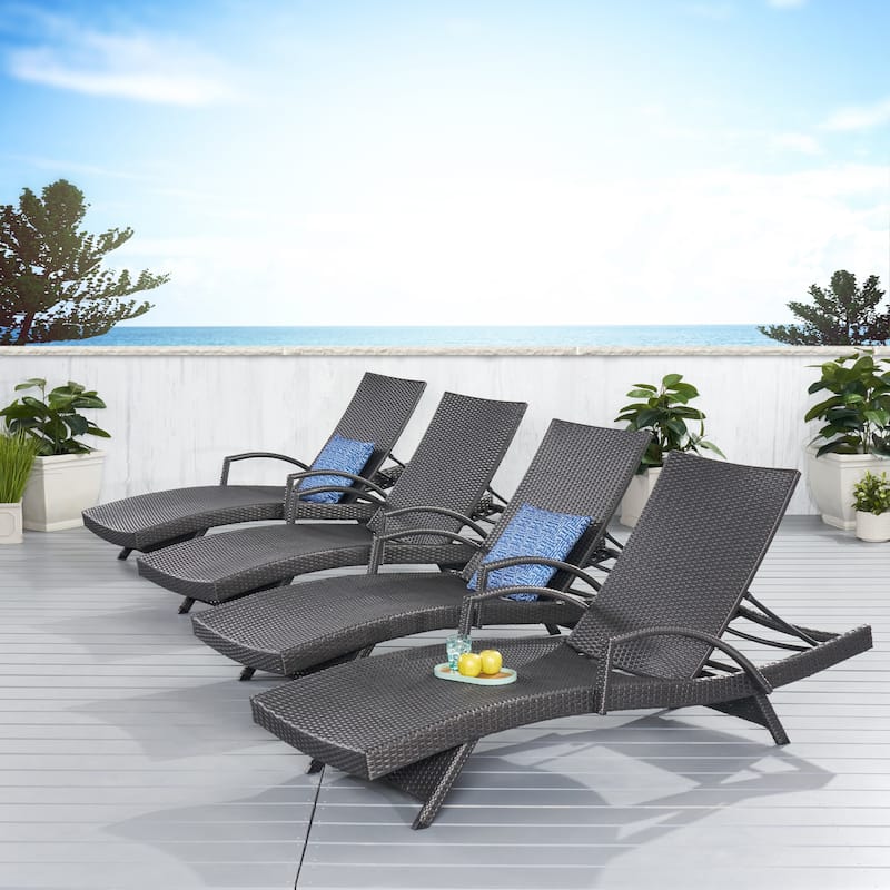 Salem Outdoor Wicker Adjustable Chaise Lounges w/ Arms (Set of 4) by Christopher Knight Home - Grey
