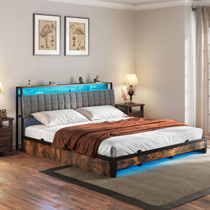 Moasis King/Queen/Full Size Upholstered Platform Bed with Charging Station and Storage Headboard - King