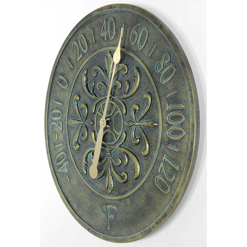 Blanc Fleur Outdoor Decorative Round 15 inch Wall Thermometer by Infinity Instruments - 15 x 1.38 x 15