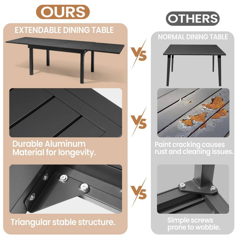 5/7/11-Piece Outdoor Patio Dining Set Aluminum Expandable Rectangular Dining Table with Adjustable Back Folding Chairs