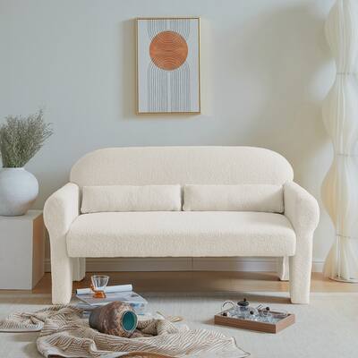 Chic Minimalist Modern Design Lambs Wool Boucle Loveseat with Lumbar Pillow Living Room Bedroom Sofa, White
