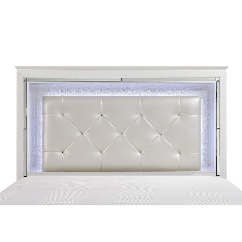 Queen Size Bed with LED Headboard, White Faux Leather, Alligator Embossed Design