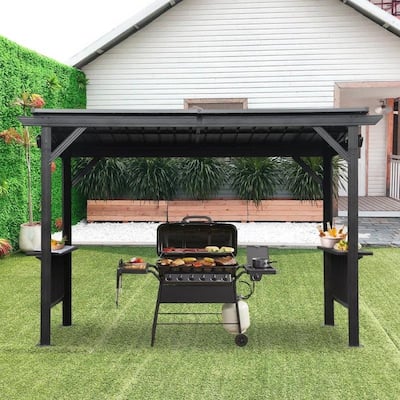 Domi 6.5 ft. x 12 ft. Hardtop Grill Gazebo with 2 Side Shelves and Ceiling Hooks, Outdoor BBQ Canopy
