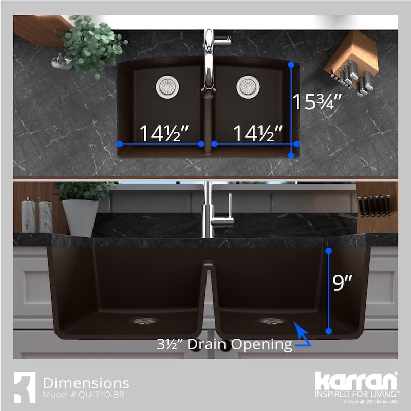 Karran Undermount Quartz 32 in. 50/50 Double Bowl Kitchen Sink Kit