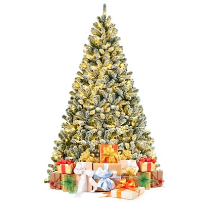 Gymax 6/7/8 FT Pre-lit Artificial Christmas Tree Snow Flocked Full
