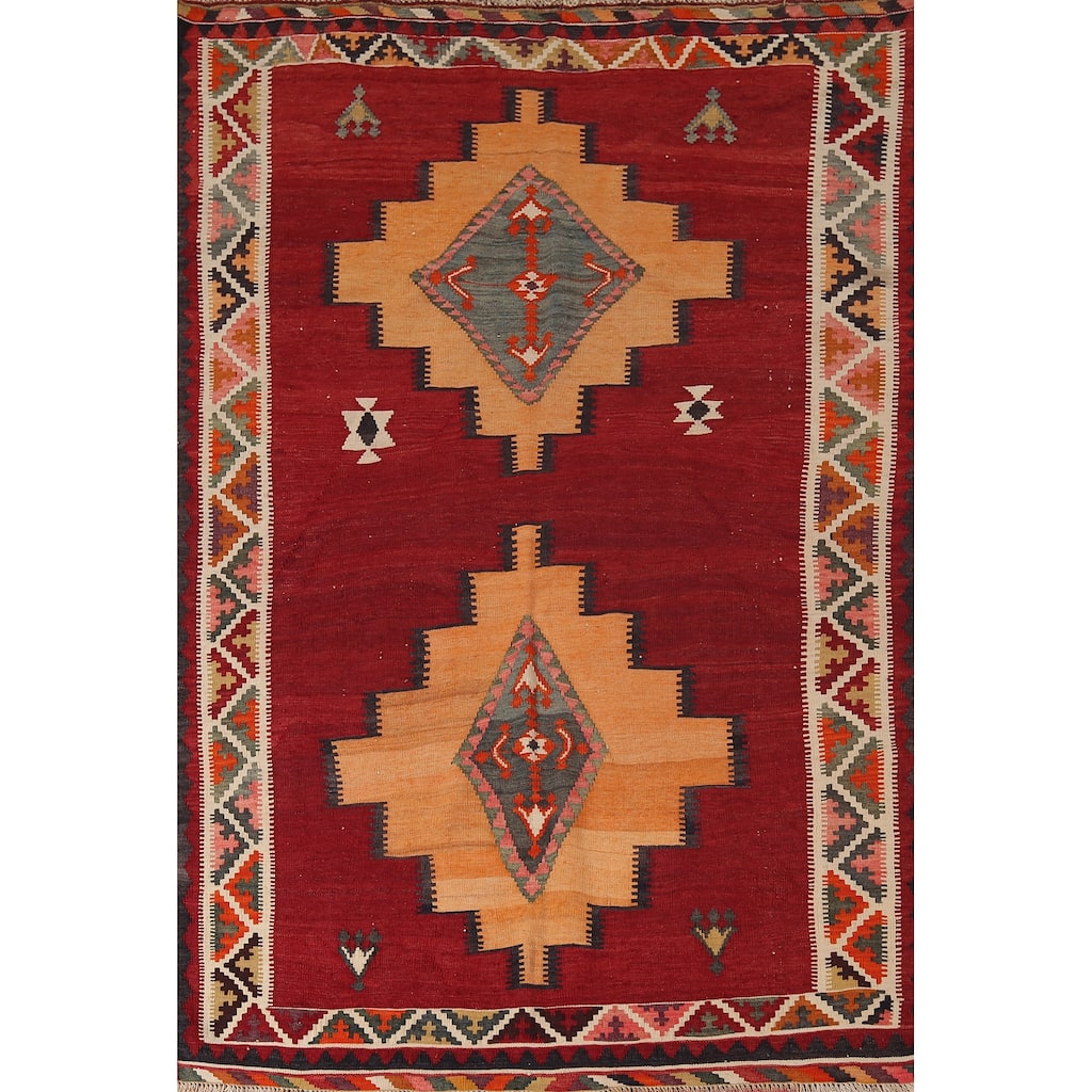 Red Kilim Qashqai Persian Vintage Area Rug Flatweave Wool Carpet - 4'10"x 7'0"