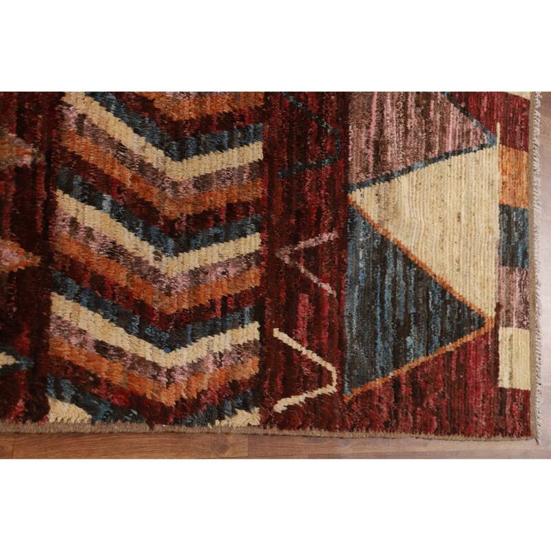 Hand Knotted Oriental 100% Wool Carpet Modern Tribal Red Moroccan Area Rug - 9' 11'' X 6' 4''