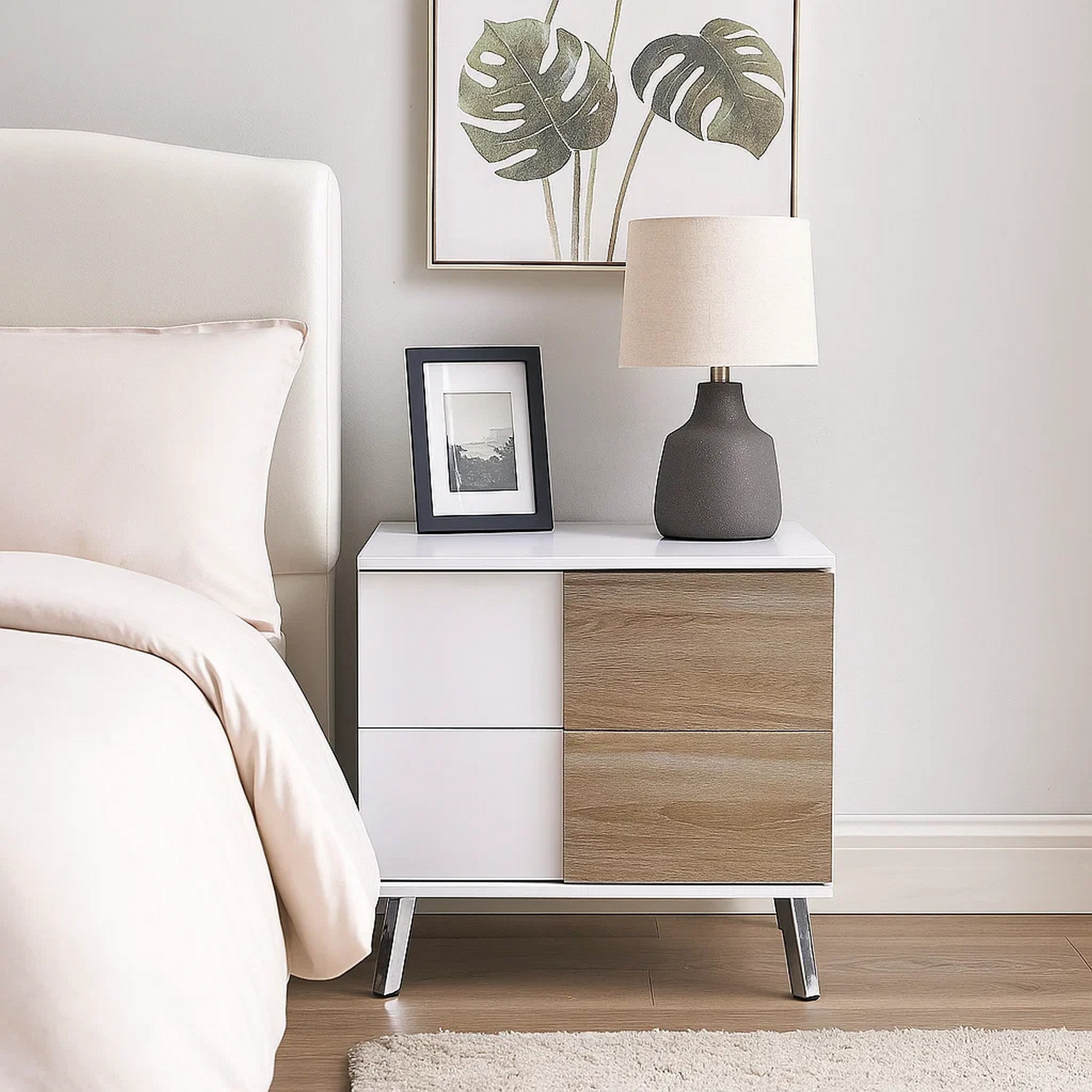 Transitional Wooden Dual Tone End Table with 2 Drawers, White and Brown