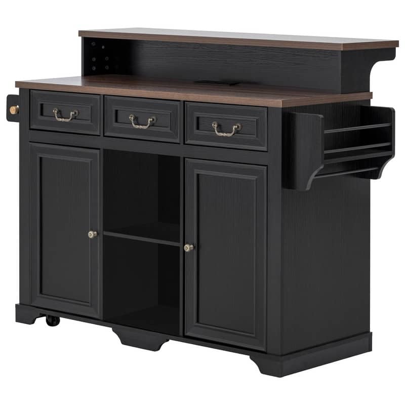 Farmhouse 53.2" Kitchen Island with Power Outlet, Rolling Island Table, Bar Cabinet with Storage 4 Door Shelves and 3 Drawers
