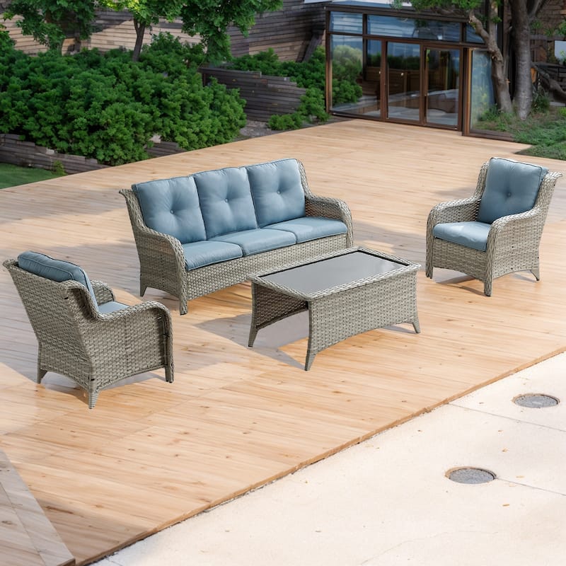 Pocassy 4-Piece Outdoor Sofa Patio Chair with Coffee Table - Light Grey/Baby Blue