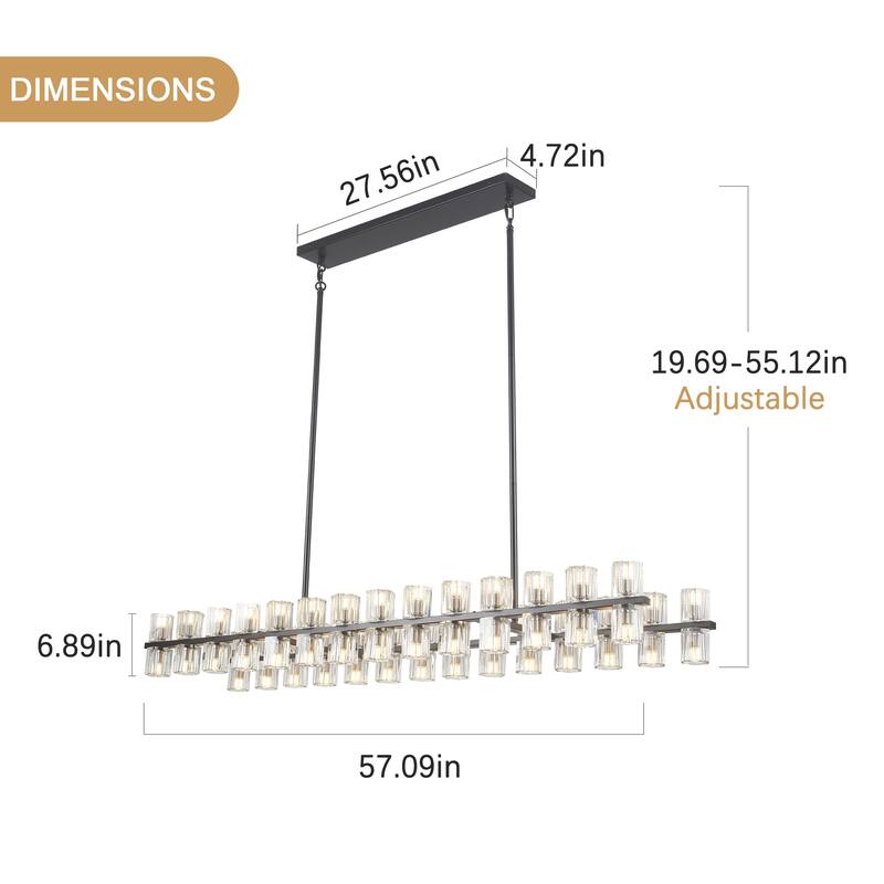 57.09-inch 56-light modern and stylish linear metal chandelier with crystal lampshades