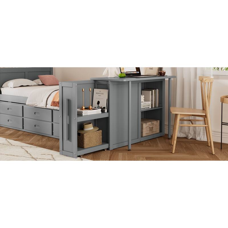 Twin Wood Platform Bed with Pull-Out Trundle, Built-in Desk, End Storage Shelf & 3 Drawers, for Kids or Teens