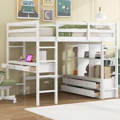 Full-Size Loft Bed with Built-in Desk, Drawers, and Shelves, Space-Saving Design