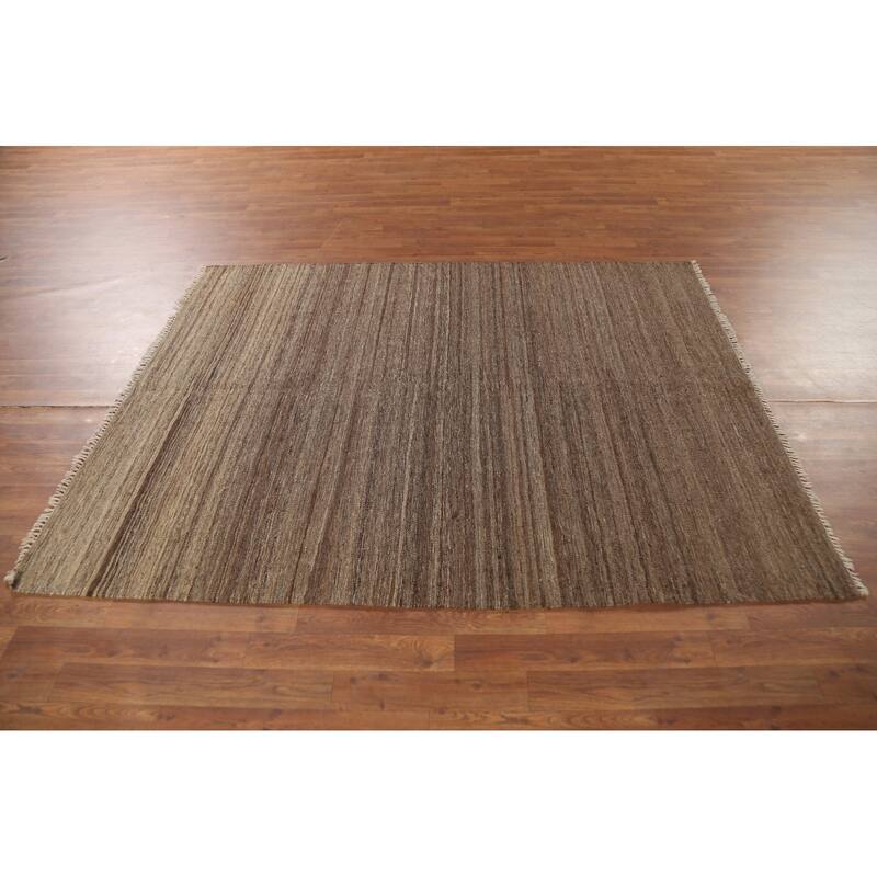 All-Over Striped Brown Kilim Persian Area Rug Handmade Wool Carpet - 5'0"x 6'6"