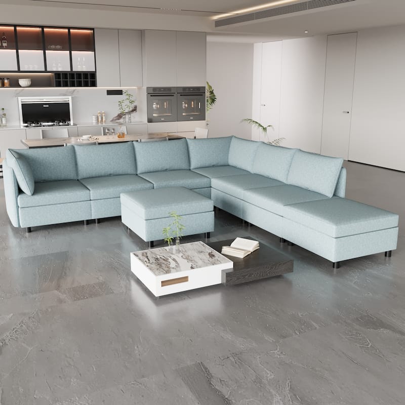 129'' Versatile 8 Seater Modular Sectional Sofa Set, Convertible Design with Storage Ottoman, Soft Fabric Upholstery - Antique Blue