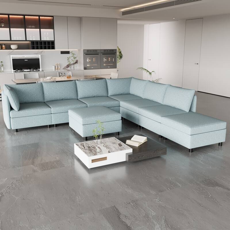 Blue 129'' Convertible 8 Seater Modular Sectional Sofa with Storage Ottoman, Comfortable Sleeper Options - Antique Blue