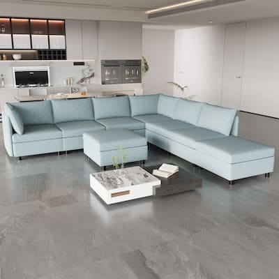 Blue 129'' Convertible 8-Seater Modular Sectional Sofa with Storage Ottoman and Comfortable Sleeper Options