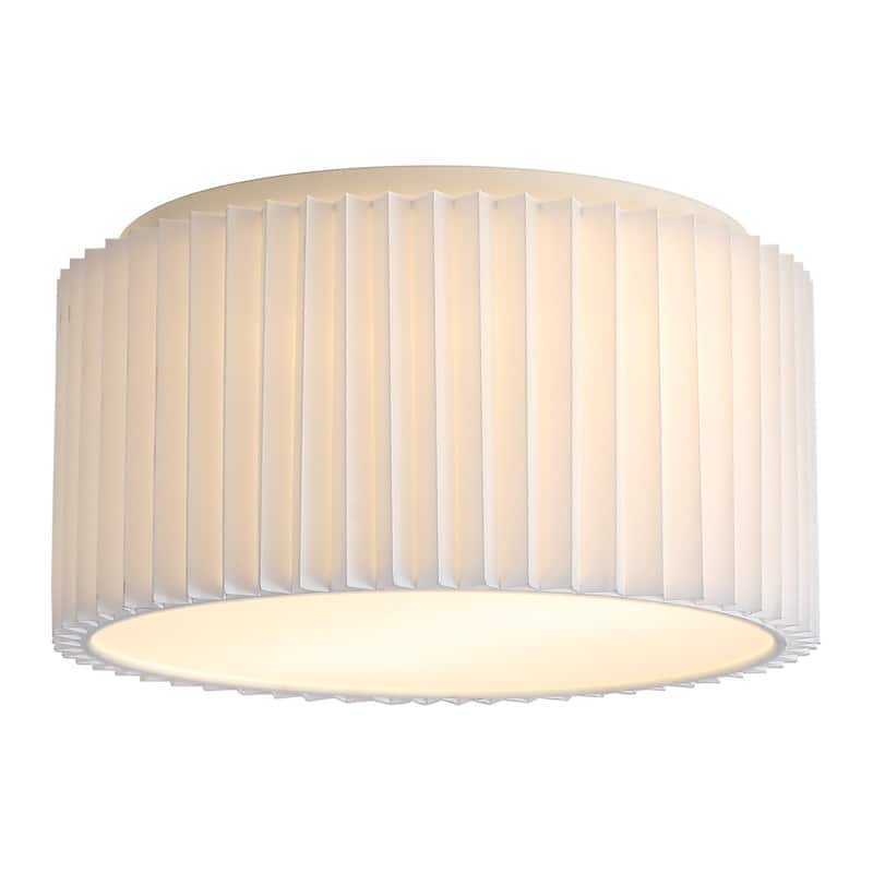 2-Light Modern Fabric Flush Mount Ceiling Light with Pleated Drum Shade - White