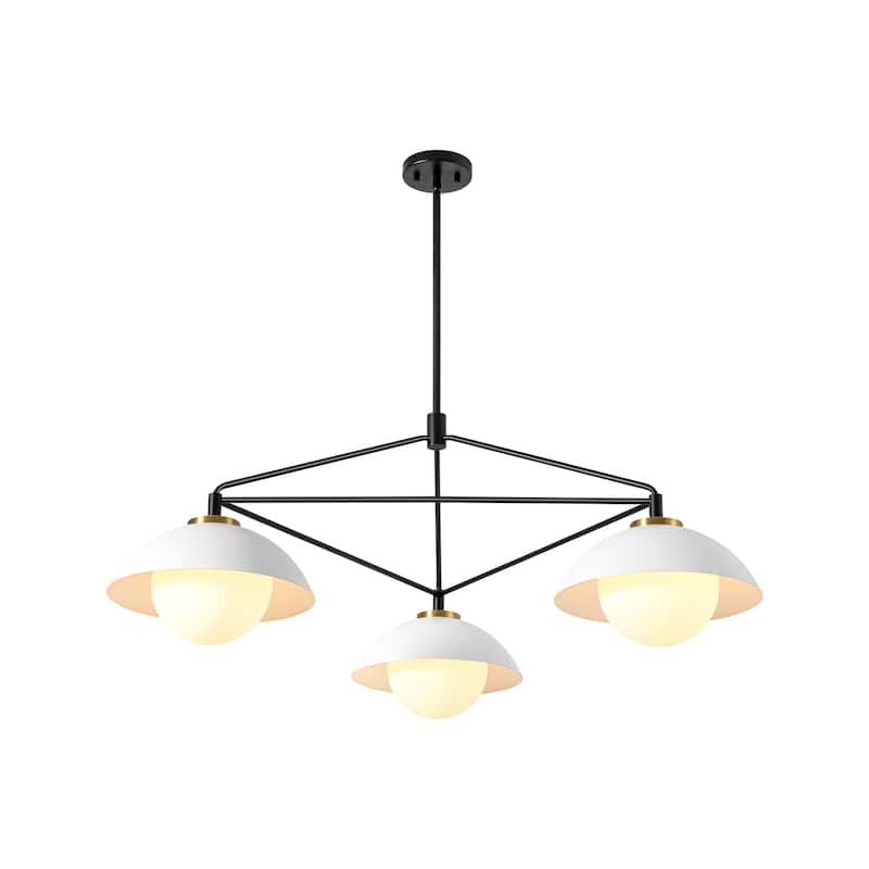 3-Light 41.9" W Mid-Century Modern Matte Black Dome Geometric Metal Chandelier with Opal Glass Globe Shades