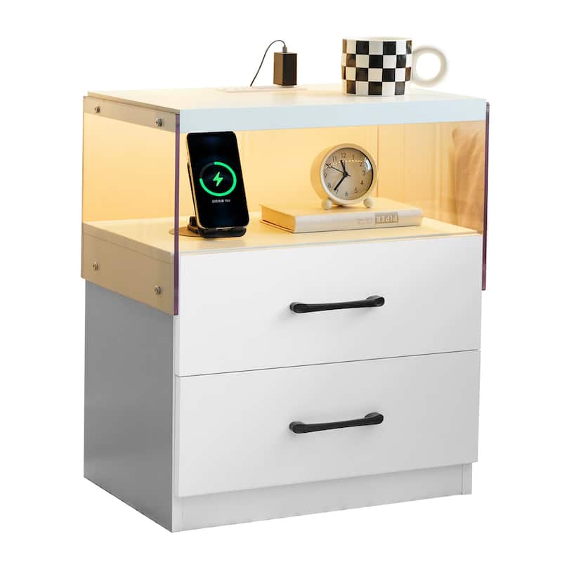 GDF Studio - Avalon Modern Nightstand with LED Lighting and Dual Drawers - White
