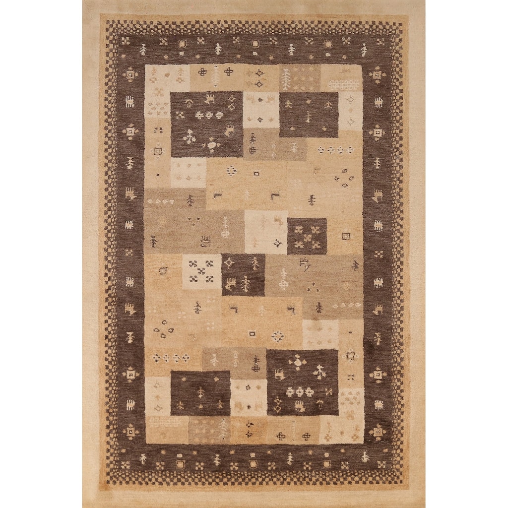 Geometric Gabbeh Indian Area Rug Brown Tribal Handmade Wool Carpet - 5'3" x 7'7"