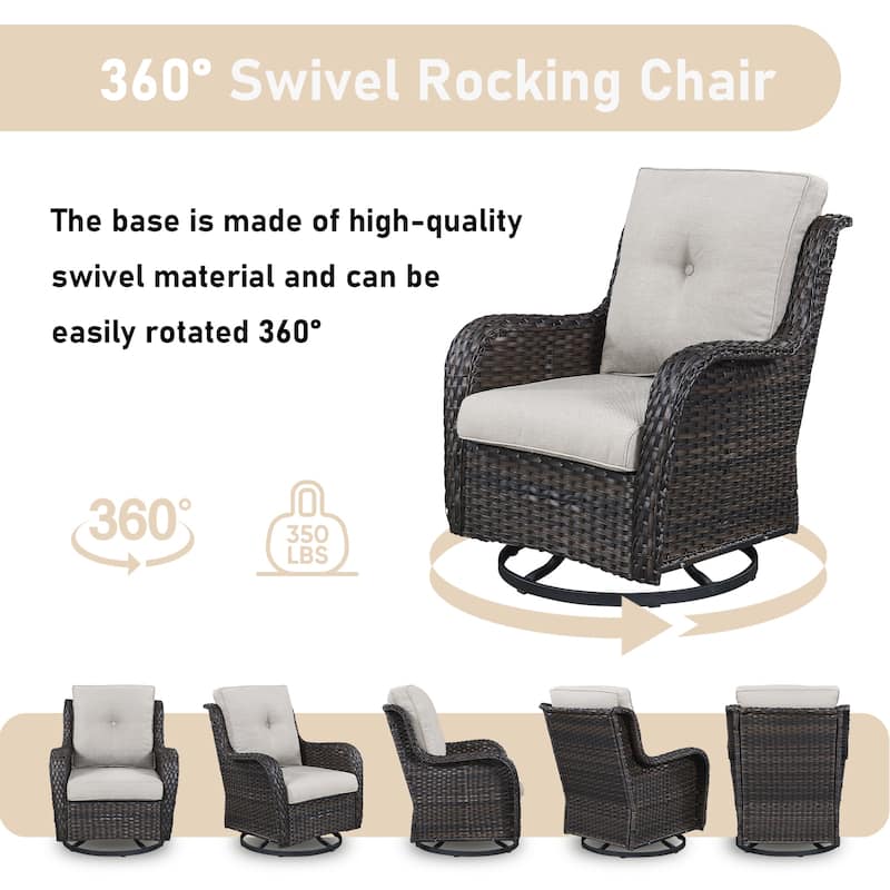 Patio Loveseat Rattan Glider Sofa Swivel Chair with Ottoman - Beige cushion - Brown