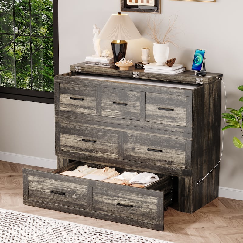 Full-Size Murphy Bed Cabinet with Charging Station, Foldable Platform Bed
