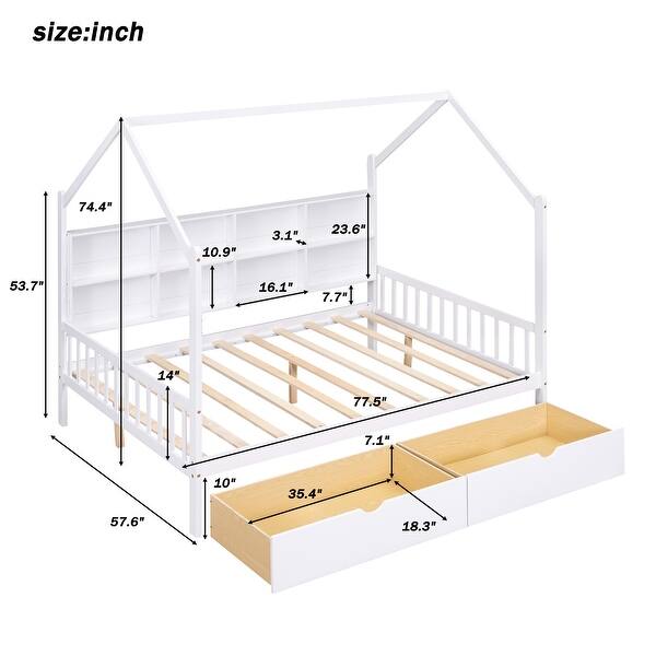 dimension image slide 0 of 2, Full Size House Bed for Kids with Storage Drawers and Shelf, Wooden Bed with Roof