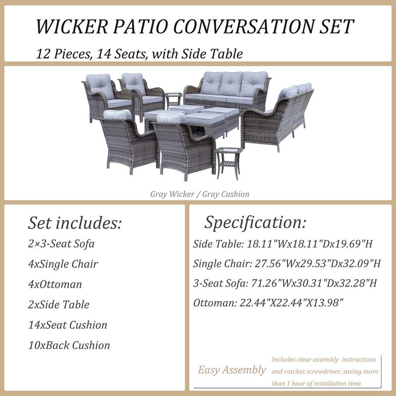 12 Piece Outdoor Wicker Patio Conversation Furniture Seating Sofa Sets