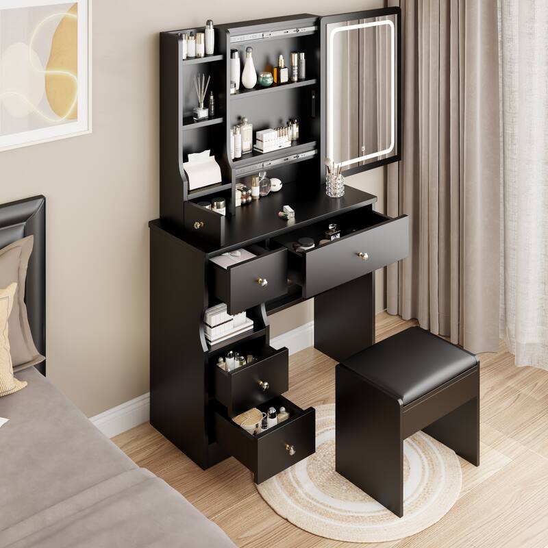 Small Space Left Drawer Desktop Vanity Table,Cushioned Stool,Extra Large Touch Control Sliding LED Mirror