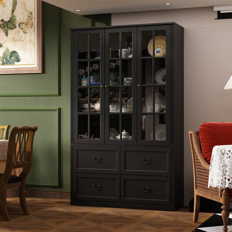 78.7" Combo Buffet Bookcase Storage Cabinet Glass Bookshelf Display - 47.2"W - Black