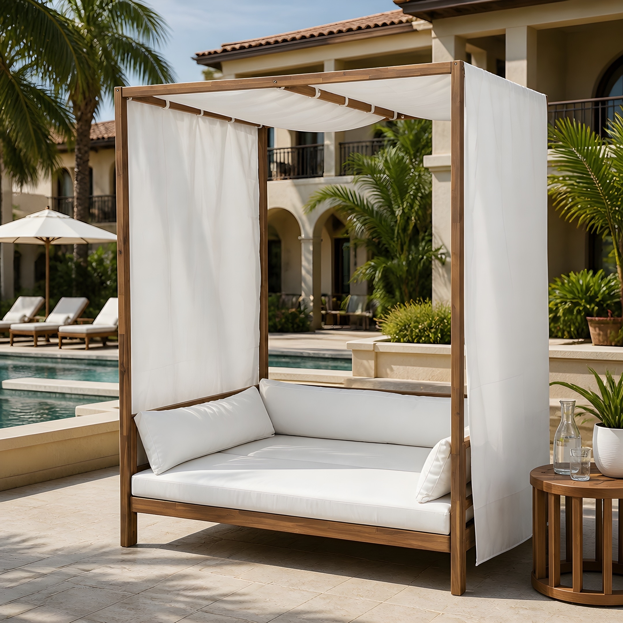 Christopher Knight Home Outdoor Acacia Wood Daybed with Canopy and Curtains, Washable Cushions and Detachable Pillows
