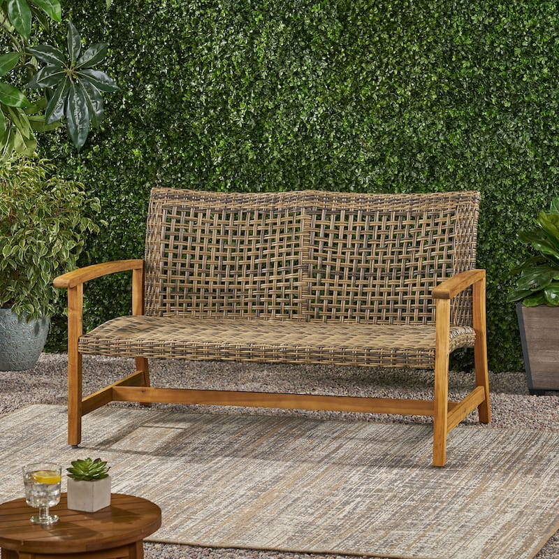 Outdoor Acacia Wood Loveseat Sofa Rattan Wicker 2 Seater Sofa Couch