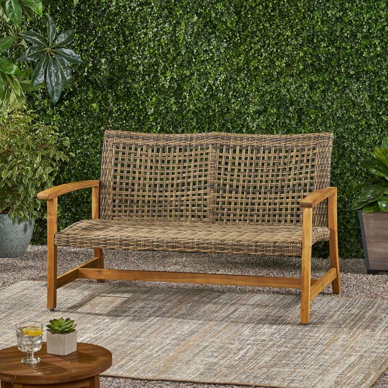 Roomfitters 2-Seater Outdoor Wicker Patio Loveseat with Acacia Wood Frame and Curved Backrest