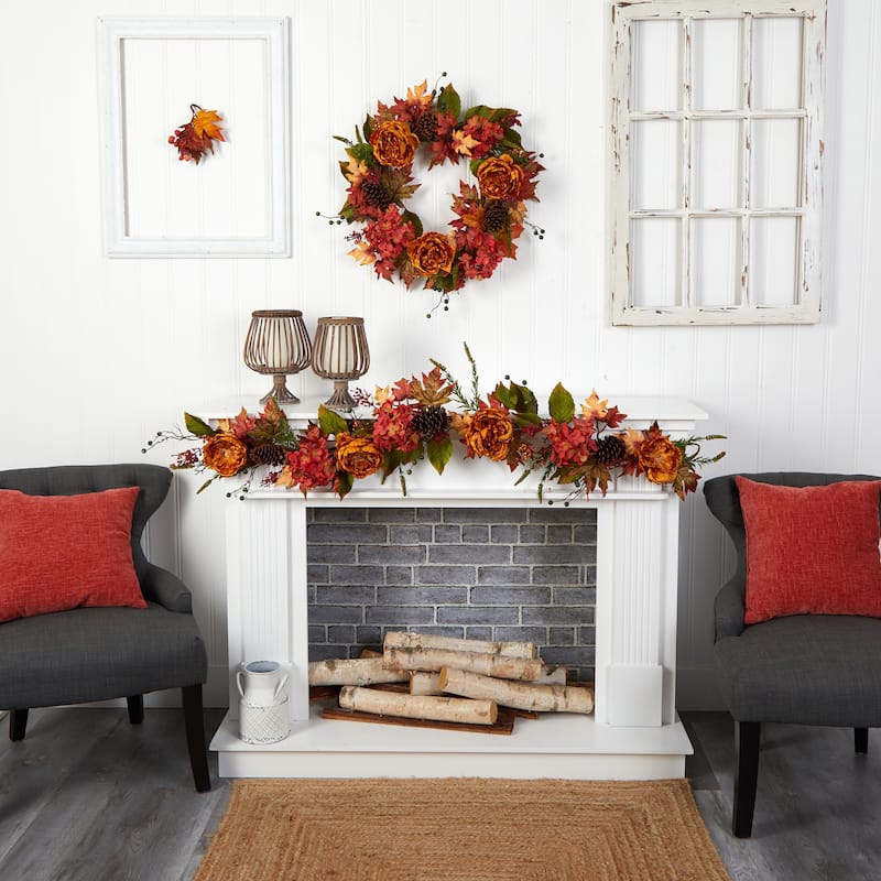 Fall Artificial Garland 6ft Autumn Decor - Victorian Vibes Ranunculus Hydrangea Berries - Elegant Home Accent - 72