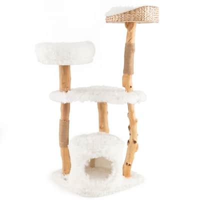 Solid Wood Cat Tower with Top Cattail Basket Cat Bed for Indoor Cats-White - Natural-White - 19" x 19" x 49"