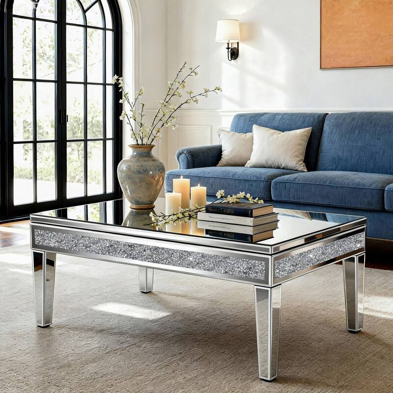 18" Lift Top Mirror Glass Coffee Table with Hidden Storage - Mirror/Wood - Silver