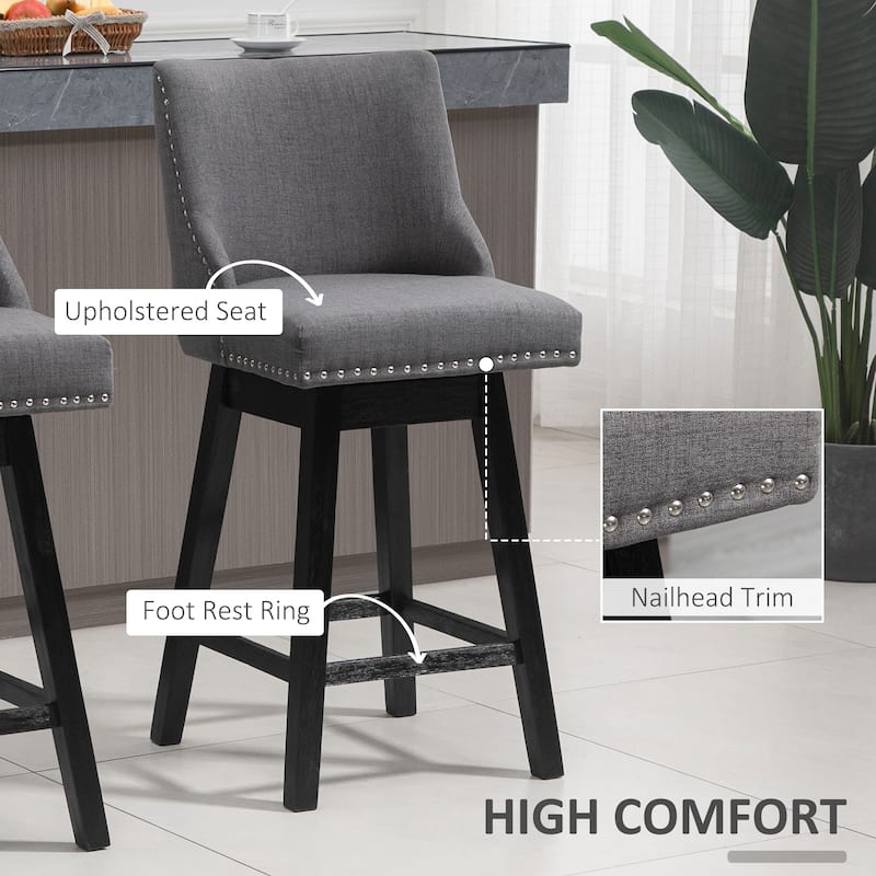 HOMCOM 28" Swivel Counter Height Bar Stools with Backs, Upholstered Dining Room and Kitchen Bar Stools Set of 2 with Wood Legs