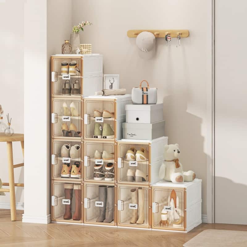 Foldable Shoe Storage Box with Transparent Magnetic Door and Dustproof Organizer for Home