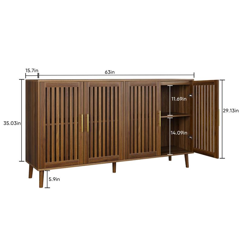 Roomfitters Mid-Century Modern Sideboard Buffet with Vertical Slat Doors, 4-Door Storage Cabinet with Gold Handles, Walnut
