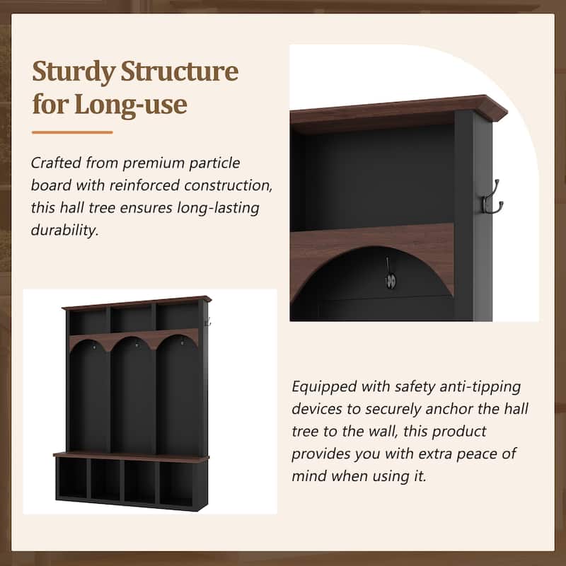 Farmhouse Hall Tree with Storage Bench & Shoe Cabinet, Arched Entryway Organizer with 5 Hooks and 7 Cubbies, Walnut Finish